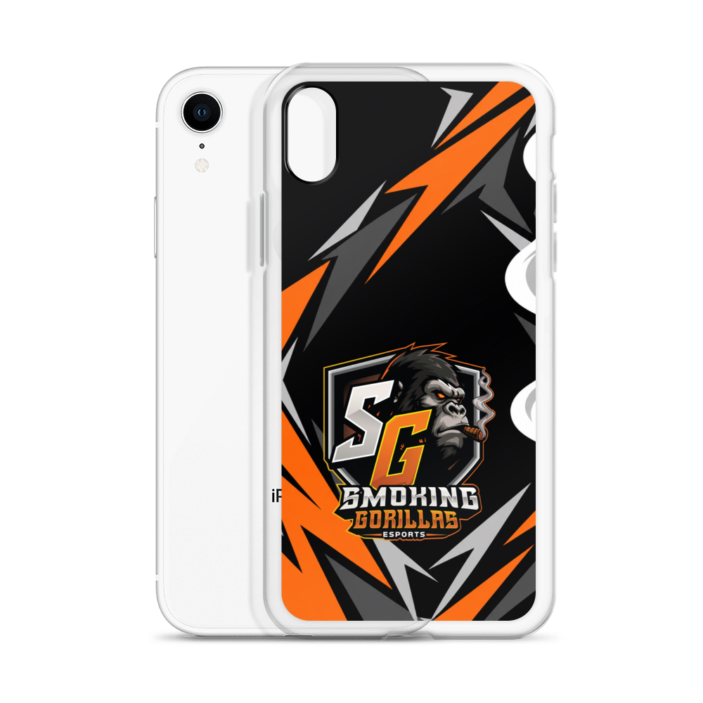 SMOKING GORILLAS Clearcase Handyhülle für iPhone XR – Produktansicht, schwarz-oranges Teamdesign