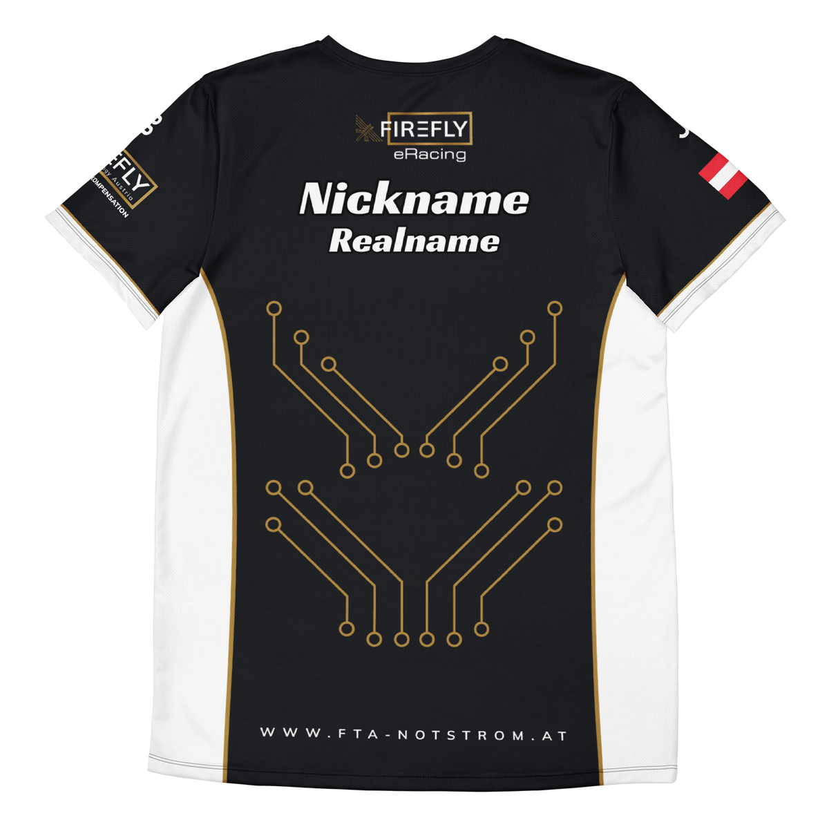 FIREFLY ERACING - Roundneck Jersey 2026 – Rückseite mit Personalisierungsbeispiel, flach liegend