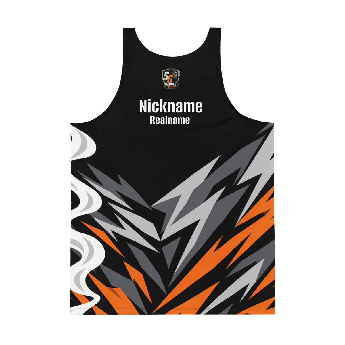 SMOKING GORILLAS Crew Tank Top – Rückansicht mit Teamlogo und beispielhafter Personalisierung mit Nickname und Realname