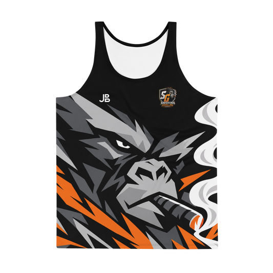 SMOKING GORILLAS Crew Tank Top in Schwarz, Grau und Orange – Vorderansicht mit Gorilla-Motiv und Teamlogo
