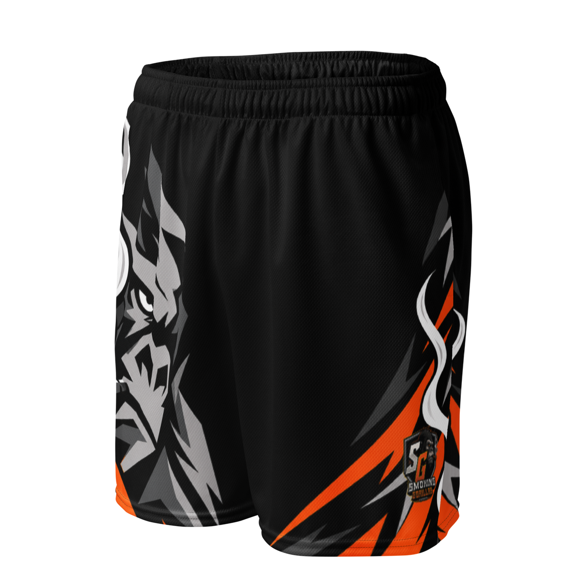 SMOKING GORILLAS - Crew Shorts 2026 – Ansicht schräg von vorn im schwarz-orangen Teamdesign