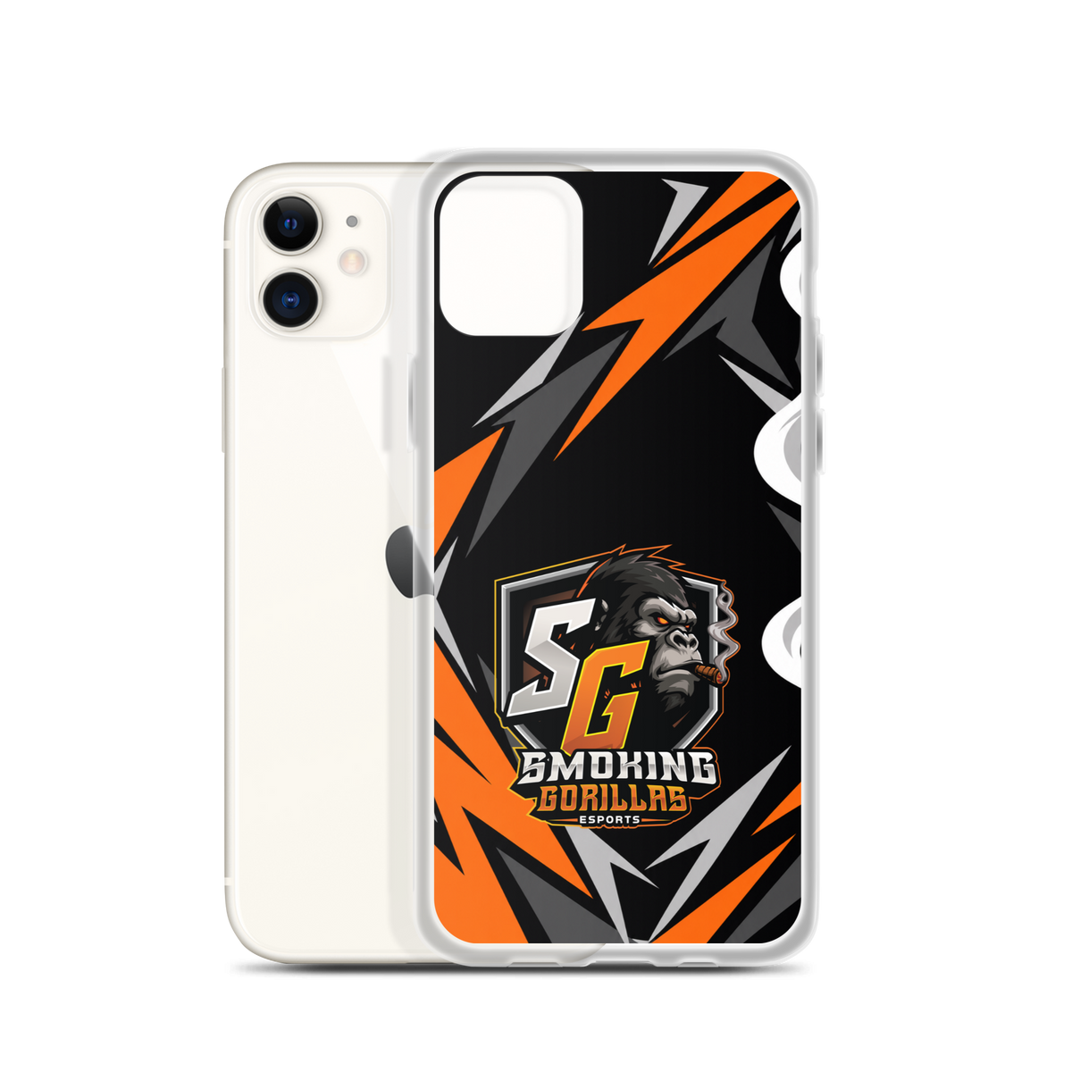 SMOKING GORILLAS Clearcase Handyhülle für iPhone 11 – Produktansicht, schwarz-oranges Teamdesign