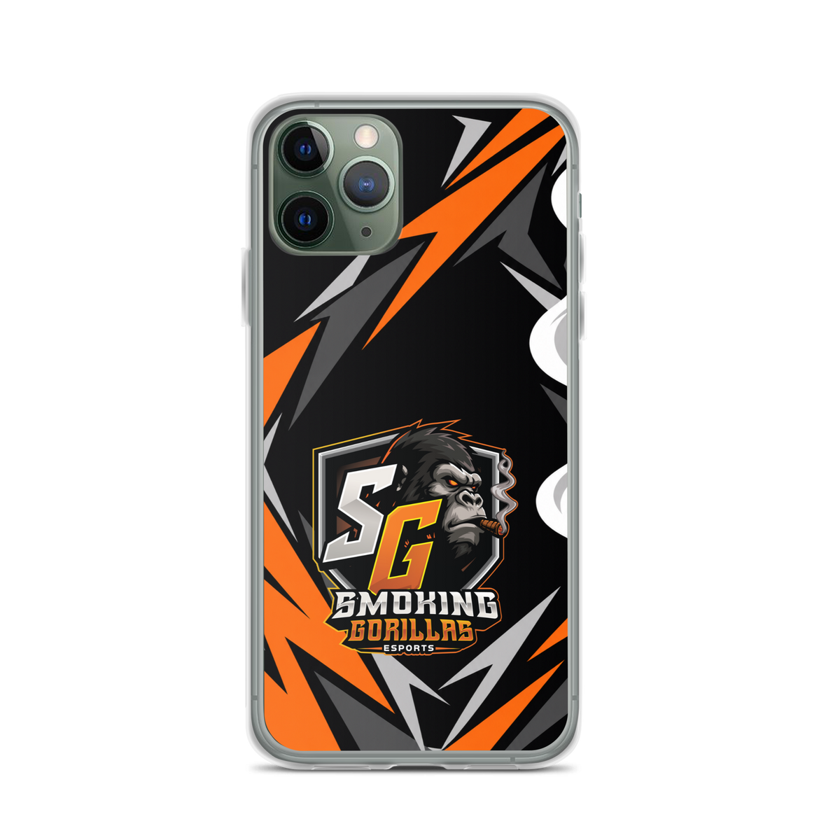 SMOKING GORILLAS Clearcase Handyhülle für iPhone 11 Pro – am Smartphone, schwarz-oranges Teamdesign