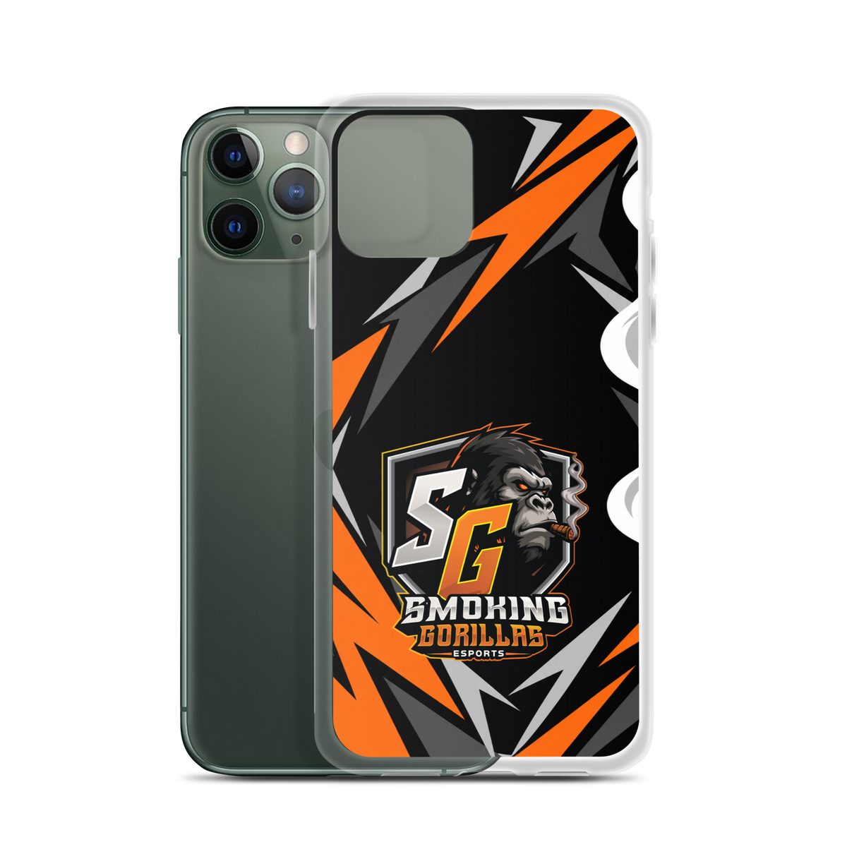 SMOKING GORILLAS Clearcase Handyhülle für iPhone 11 Pro – Produktansicht, schwarz-oranges Teamdesign
