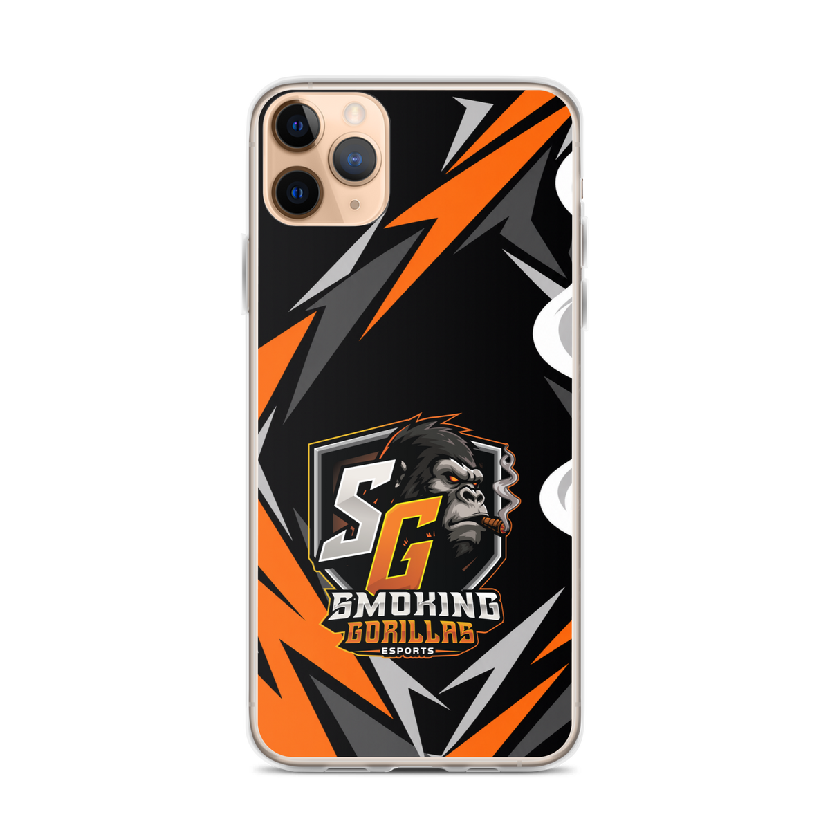 SMOKING GORILLAS Clearcase Handyhülle für iPhone 11 Pro Max – am Smartphone, schwarz-oranges Teamdesign