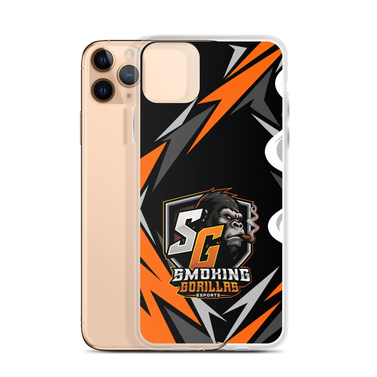 SMOKING GORILLAS Clearcase Handyhülle für iPhone 11 Pro Max – Produktansicht, schwarz-oranges Teamdesign