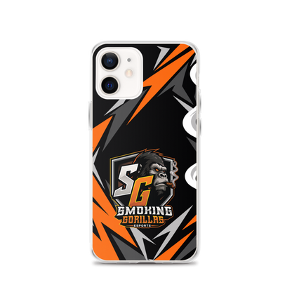SMOKING GORILLAS Clearcase Handyhülle für iPhone 12 – am Smartphone, schwarz-oranges Teamdesign
