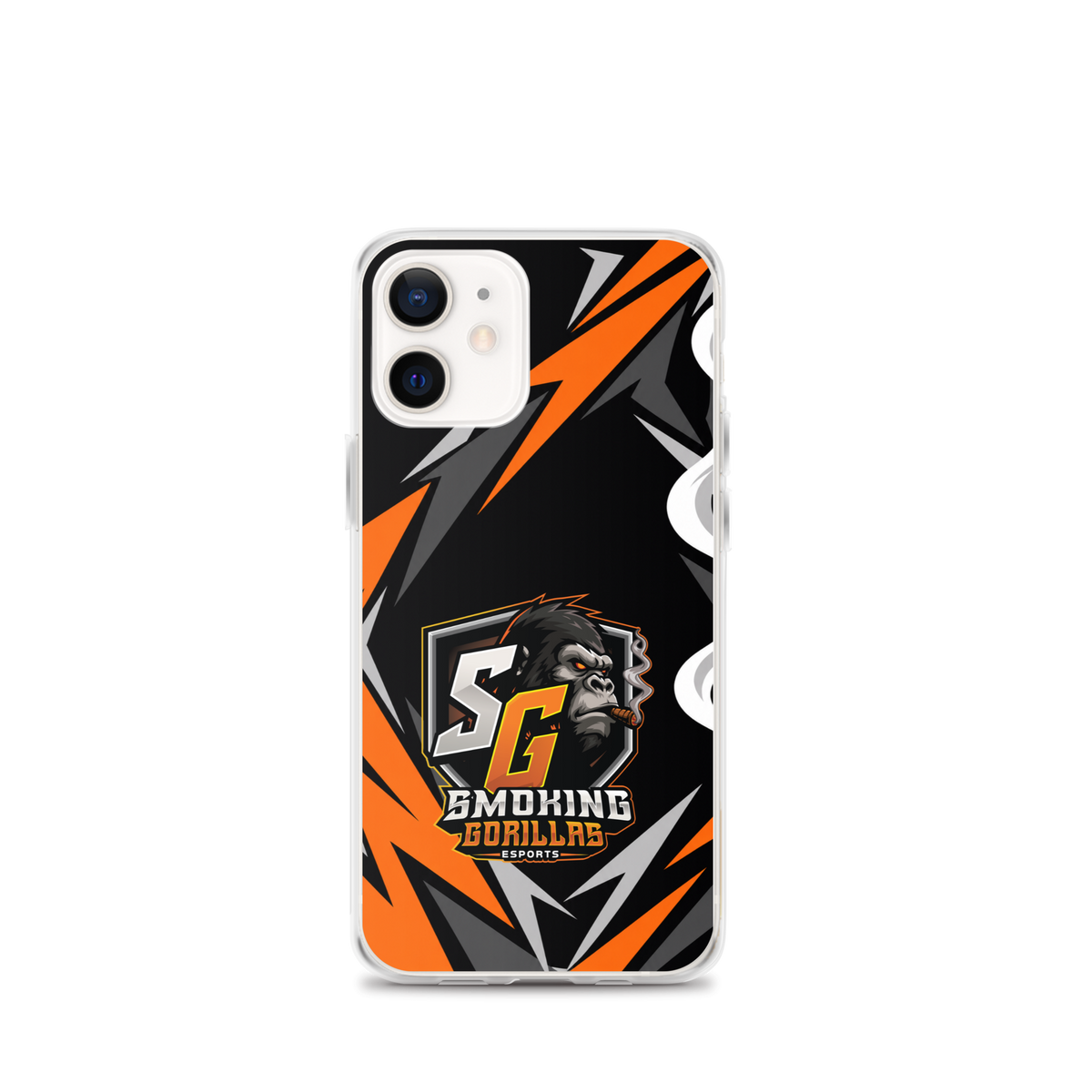 SMOKING GORILLAS Clearcase Handyhülle für iPhone 12 mini – am Smartphone, schwarz-oranges Teamdesign