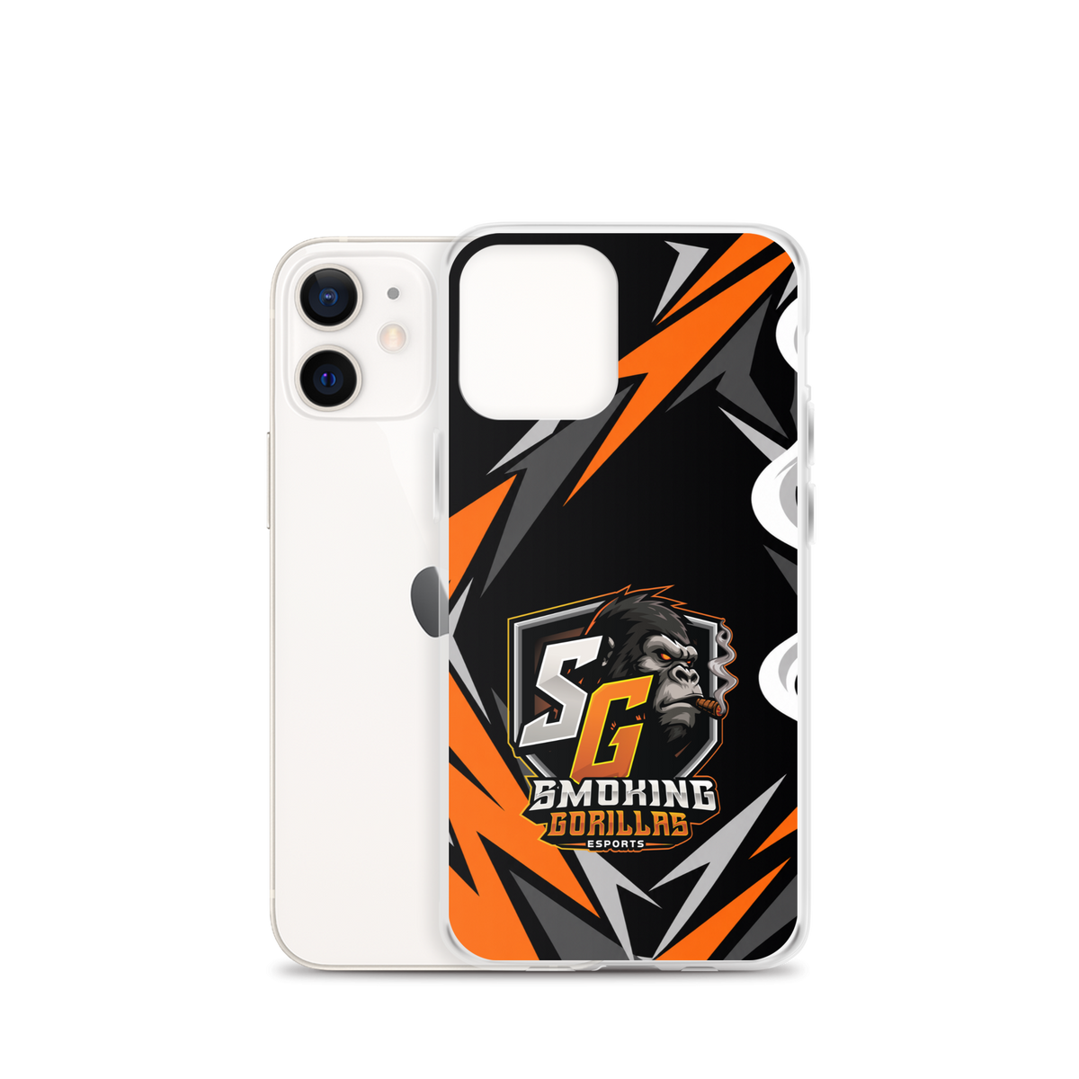 SMOKING GORILLAS Clearcase Handyhülle für iPhone 12 mini – Produktansicht, schwarz-oranges Teamdesign