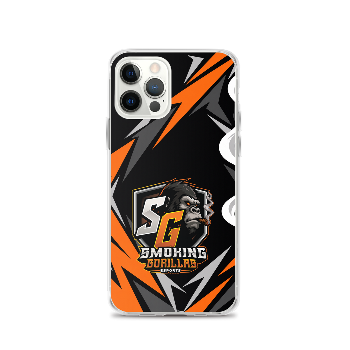 SMOKING GORILLAS Clearcase Handyhülle für iPhone 12 Pro – am Smartphone, schwarz-oranges Teamdesign