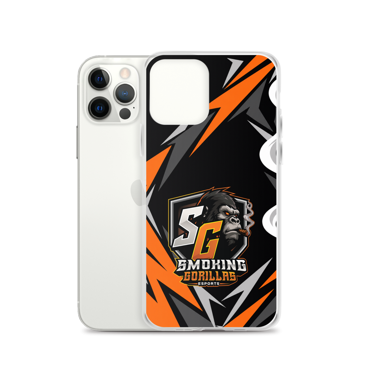 SMOKING GORILLAS Clearcase Handyhülle für iPhone 12 Pro – Produktansicht, schwarz-oranges Teamdesign