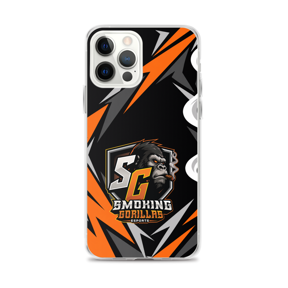 SMOKING GORILLAS Clearcase Handyhülle für iPhone 12 Pro Max – am Smartphone, schwarz-oranges Teamdesign