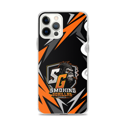 SMOKING GORILLAS Clearcase Handyhülle für iPhone 12 Pro Max – am Smartphone, schwarz-oranges Teamdesign