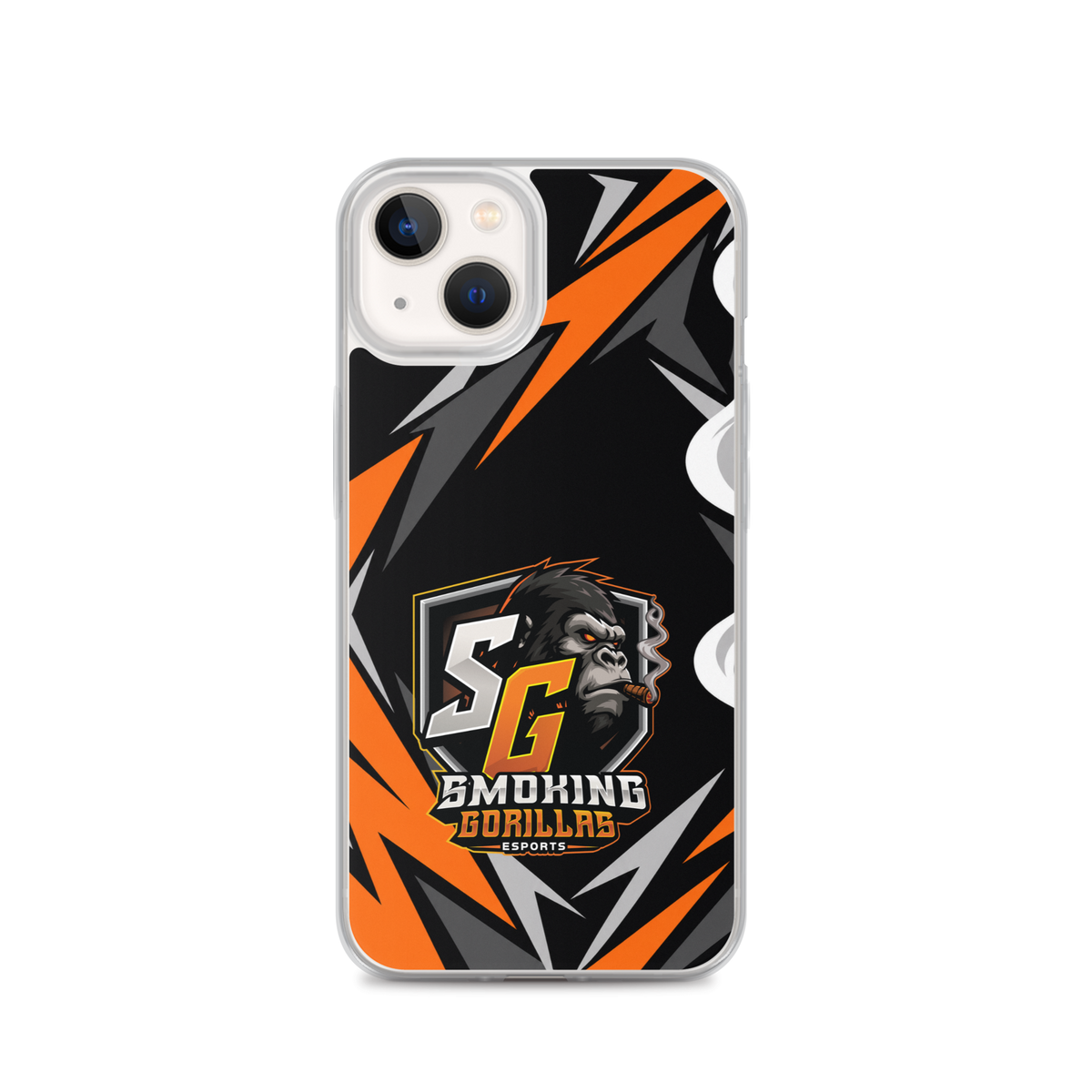SMOKING GORILLAS Clearcase Handyhülle für iPhone 13 – am Smartphone, schwarz-oranges Teamdesign