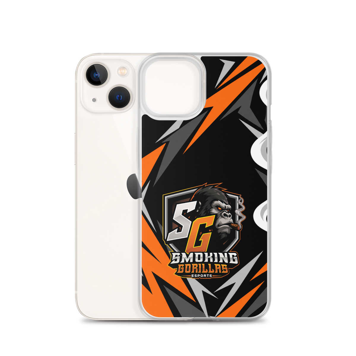 SMOKING GORILLAS Clearcase Handyhülle für iPhone 13 – Produktansicht, schwarz-oranges Teamdesign