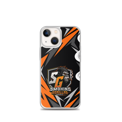 SMOKING GORILLAS Clearcase Handyhülle für iPhone 13 mini – am Smartphone, schwarz-oranges Teamdesign