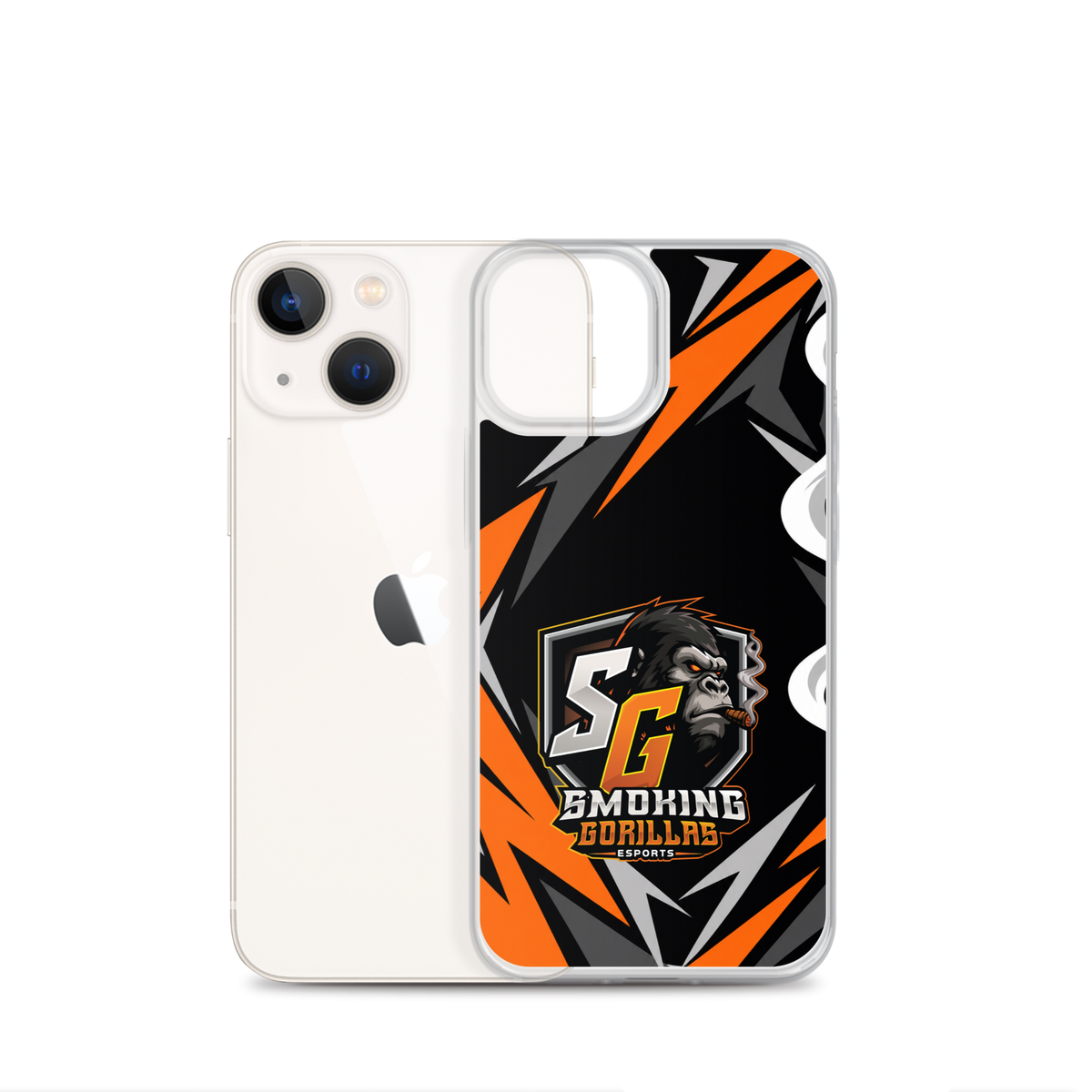 SMOKING GORILLAS Clearcase Handyhülle für iPhone 13 mini – Produktansicht, schwarz-oranges Teamdesign