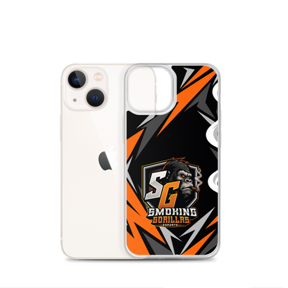 SMOKING GORILLAS Clearcase Handyhülle für iPhone 13 mini – Produktansicht, schwarz-oranges Teamdesign