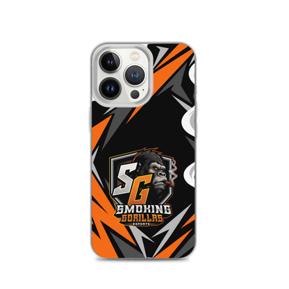 SMOKING GORILLAS Clearcase Handyhülle für iPhone 13 Pro – am Smartphone, schwarz-oranges Teamdesign
