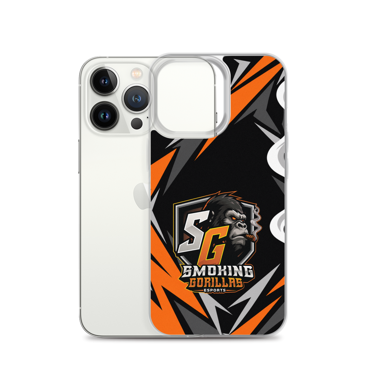 SMOKING GORILLAS Clearcase Handyhülle für iPhone 13 Pro – Produktansicht, schwarz-oranges Teamdesign