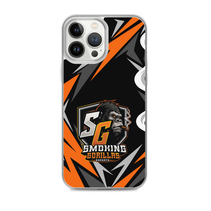SMOKING GORILLAS Clearcase Handyhülle für iPhone 13 Pro Max – am Smartphone, schwarz-oranges Teamdesign