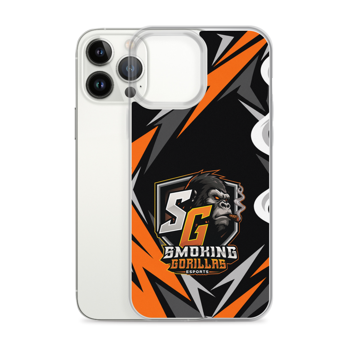 SMOKING GORILLAS Clearcase Handyhülle für iPhone 13 Pro Max – Produktansicht, schwarz-oranges Teamdesign