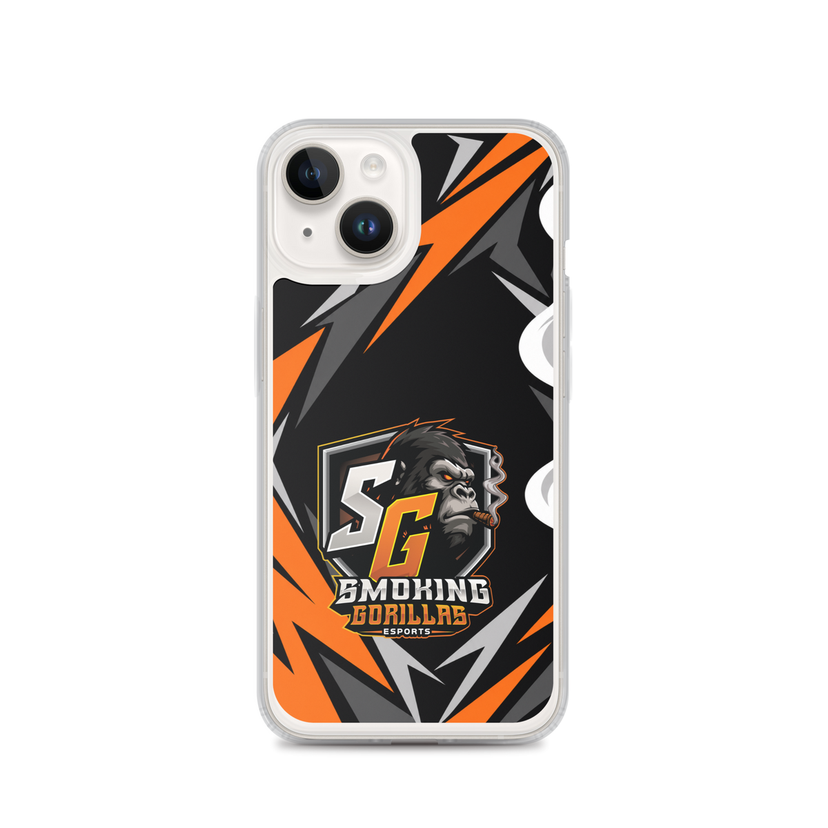 SMOKING GORILLAS Clearcase Handyhülle für iPhone 14 – am Smartphone, schwarz-oranges Teamdesign
