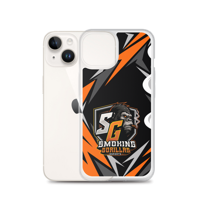 SMOKING GORILLAS Clearcase Handyhülle für iPhone 14 – Produktansicht, schwarz-oranges Teamdesign