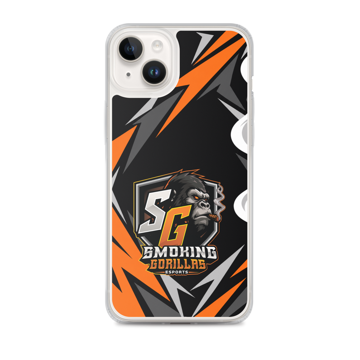 SMOKING GORILLAS Clearcase Handyhülle für iPhone 14 Plus – am Smartphone, schwarz-oranges Teamdesign
