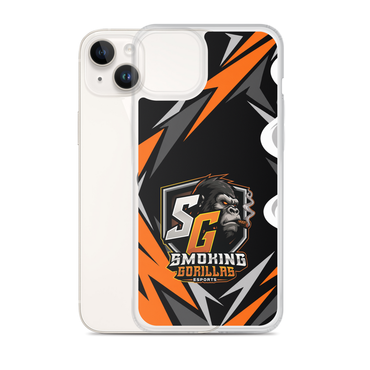 SMOKING GORILLAS Clearcase Handyhülle für iPhone 14 Plus – Produktansicht, schwarz-oranges Teamdesign