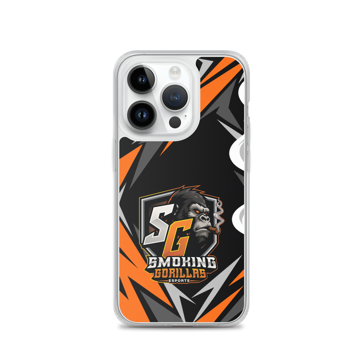SMOKING GORILLAS Clearcase Handyhülle für iPhone 14 Pro – am Smartphone, schwarz-oranges Teamdesign