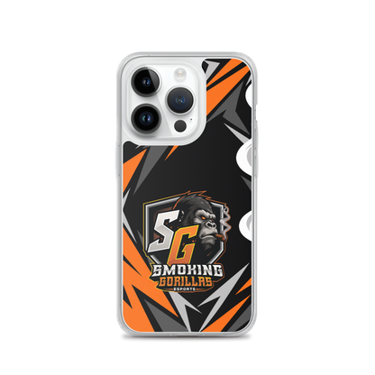 SMOKING GORILLAS Clearcase Handyhülle für iPhone 14 Pro – am Smartphone, schwarz-oranges Teamdesign