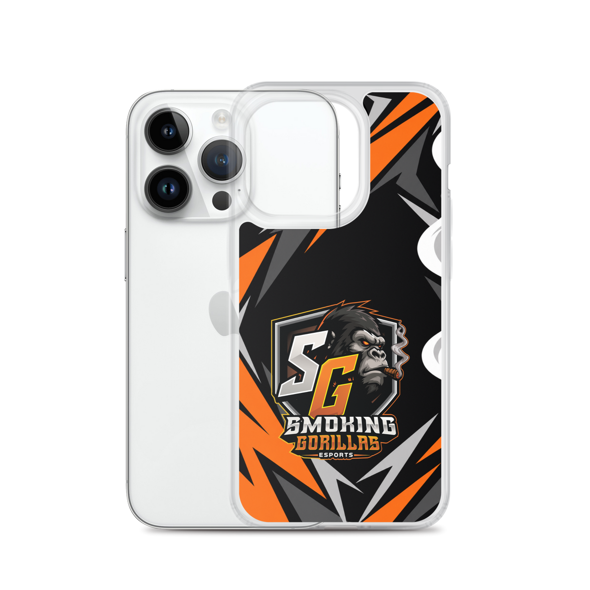 SMOKING GORILLAS Clearcase Handyhülle für iPhone 14 Pro – Produktansicht, schwarz-oranges Teamdesign