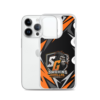 SMOKING GORILLAS Clearcase Handyhülle für iPhone 14 Pro – Produktansicht, schwarz-oranges Teamdesign