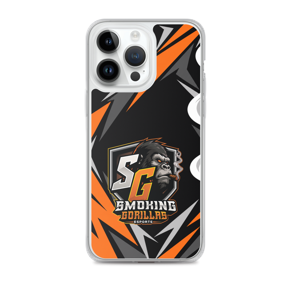 SMOKING GORILLAS Clearcase Handyhülle für iPhone 14 Pro Max – am Smartphone, schwarz-oranges Teamdesign