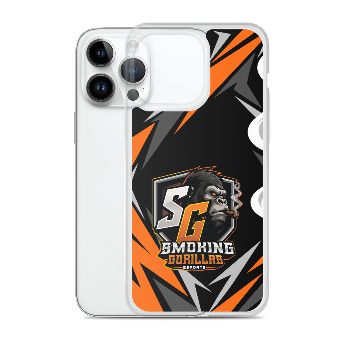 SMOKING GORILLAS Clearcase Handyhülle für iPhone 14 Pro Max – Produktansicht, schwarz-oranges Teamdesign