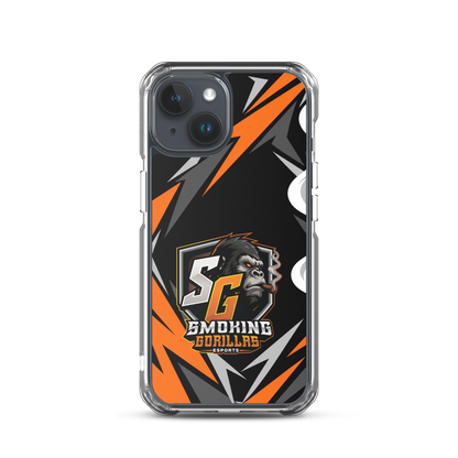 SMOKING GORILLAS Clearcase Handyhülle für iPhone 15 – am Smartphone, schwarz-oranges Teamdesign