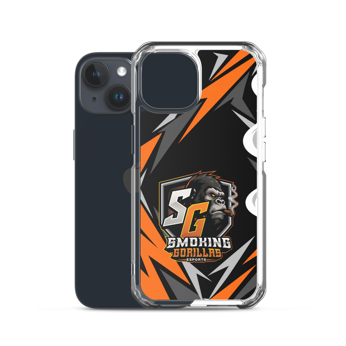 SMOKING GORILLAS Clearcase Handyhülle für iPhone 15 – Produktansicht, schwarz-oranges Teamdesign