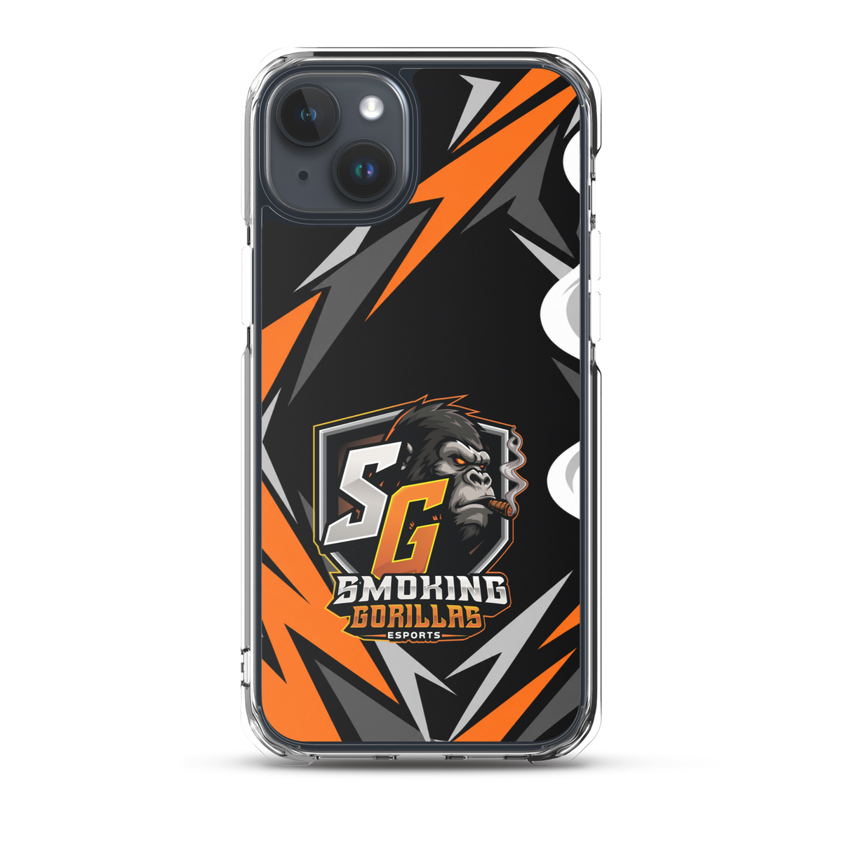 SMOKING GORILLAS Clearcase Handyhülle für iPhone 15 Plus – am Smartphone, schwarz-oranges Teamdesign