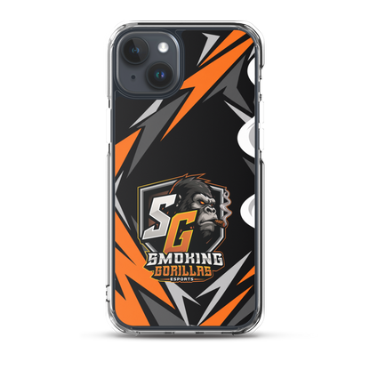 SMOKING GORILLAS Clearcase Handyhülle für iPhone 15 Plus – am Smartphone, schwarz-oranges Teamdesign