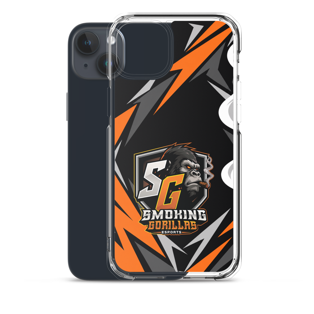 SMOKING GORILLAS Clearcase Handyhülle für iPhone 15 Plus – Produktansicht, schwarz-oranges Teamdesign
