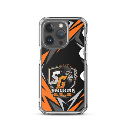 SMOKING GORILLAS Clearcase Handyhülle für iPhone 15 Pro – am Smartphone, schwarz-oranges Teamdesign