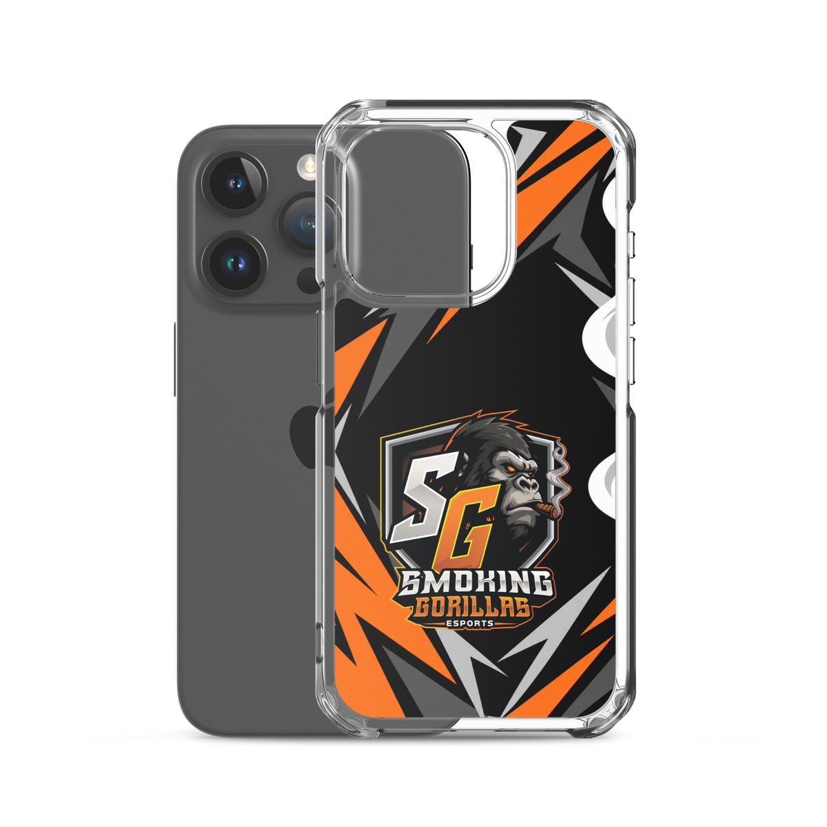 SMOKING GORILLAS Clearcase Handyhülle für iPhone 15 Pro – Produktansicht, schwarz-oranges Teamdesign