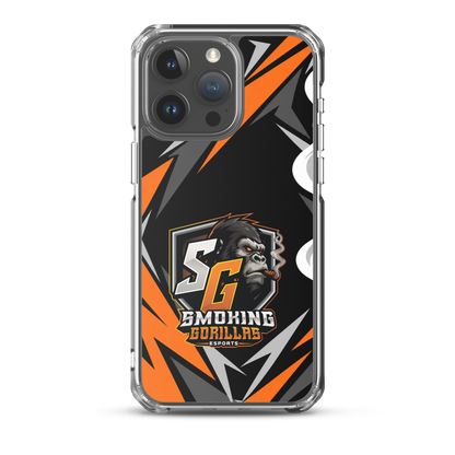 SMOKING GORILLAS Clearcase Handyhülle für iPhone 15 Pro Max – am Smartphone, schwarz-oranges Teamdesign