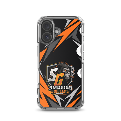 SMOKING GORILLAS Clearcase Handyhülle für iPhone 16 – am Smartphone, schwarz-oranges Teamdesign