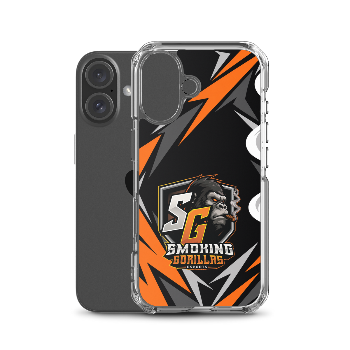 SMOKING GORILLAS Clearcase Handyhülle für iPhone 16 – Produktansicht, schwarz-oranges Teamdesign