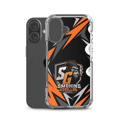 SMOKING GORILLAS Clearcase Handyhülle für iPhone 16 – Produktansicht, schwarz-oranges Teamdesign