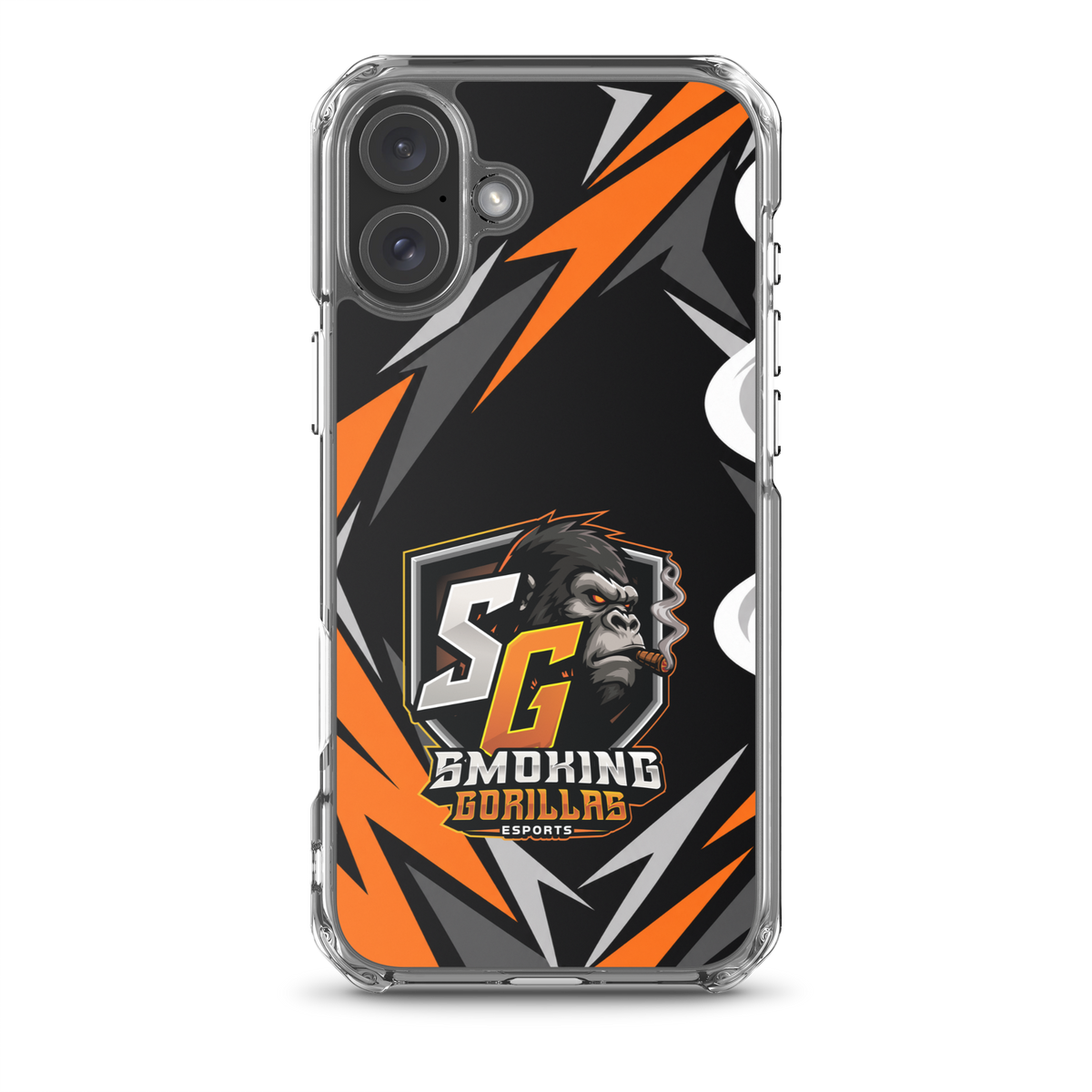 SMOKING GORILLAS Clearcase Handyhülle für iPhone 16 Plus – am Smartphone, schwarz-oranges Teamdesign
