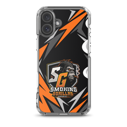 SMOKING GORILLAS Clearcase Handyhülle für iPhone 16 Plus – am Smartphone, schwarz-oranges Teamdesign