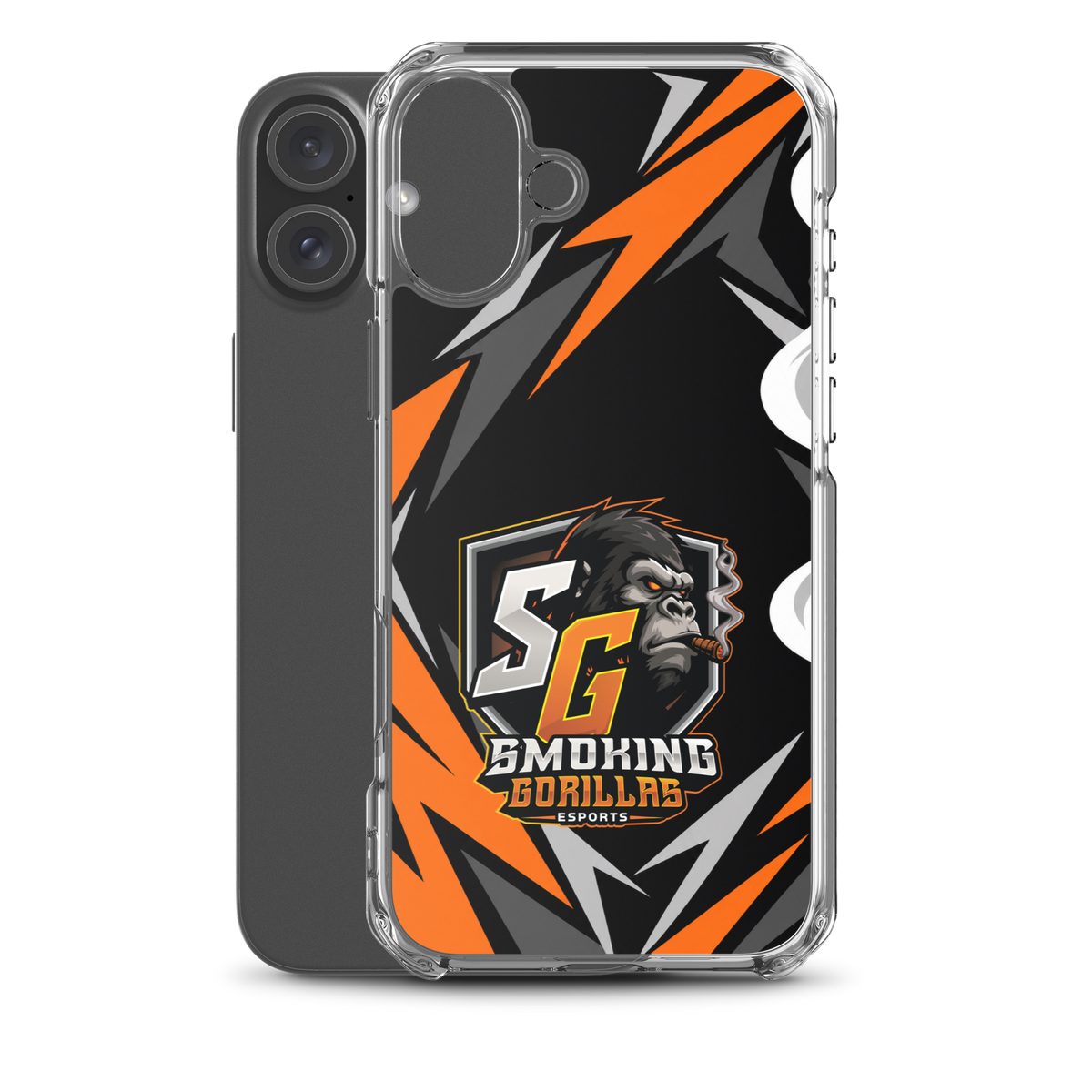 SMOKING GORILLAS Clearcase Handyhülle für iPhone 16 Plus – Produktansicht, schwarz-oranges Teamdesign